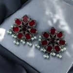 Beautiful Brass Stone Stud Earrings – Perfect for Everyday Use - ''Red''