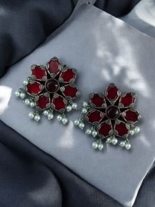 Beautiful Brass Stone Stud Earrings – Perfect for Everyday Use - Color: ''Red''