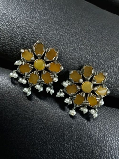 Brass stone stud earrings with a minimalist design, ideal for everyday and office wear.