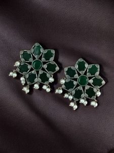 Beautiful Brass Stone Stud Earrings – Perfect for Everyday Use - Color: ''Green''