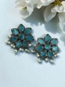 Beautiful Brass Stone Stud Earrings – Perfect for Everyday Use - Color: ''Aqua''