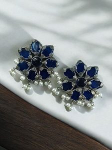 Beautiful Brass Stone Stud Earrings – Perfect for Everyday Use - Color: ''Blue''