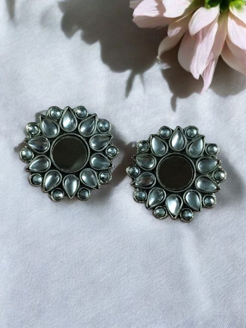 Silver-plated ethnic stone stud earrings, lightweight and elegant, perfect for festivals, weddings, and everyday wear.