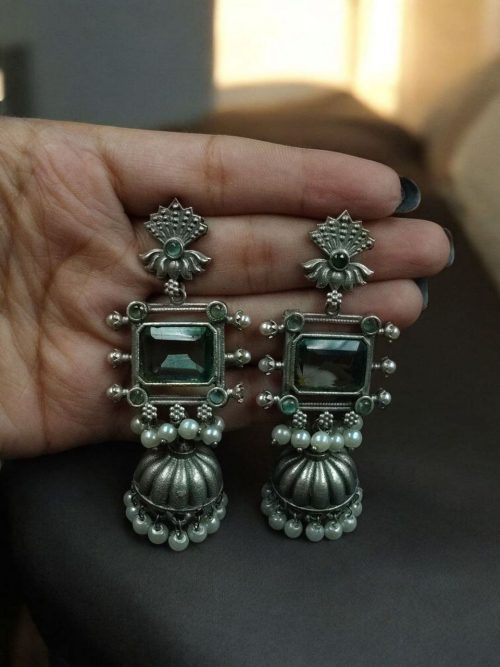 Perfect Brass Jhumka Stud Earrings Featuring Beautiful Stone Detailing - Image 2