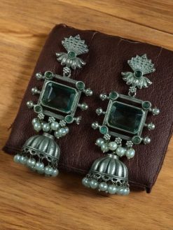 Brass jhumka stud earrings with beautiful stone detailing, lightweight and perfect for ethnic and festive occasions.