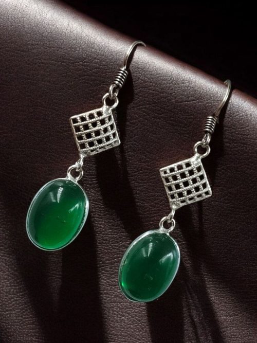 German silver hook hanging earrings with Monalisa stone, perfect for ethnic and casual occasions.