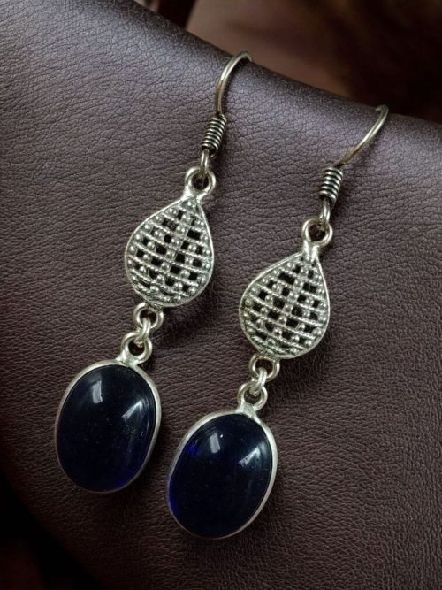 German silver hook hanging earrings with Monalisa stone, perfect for ethnic and casual occasions.