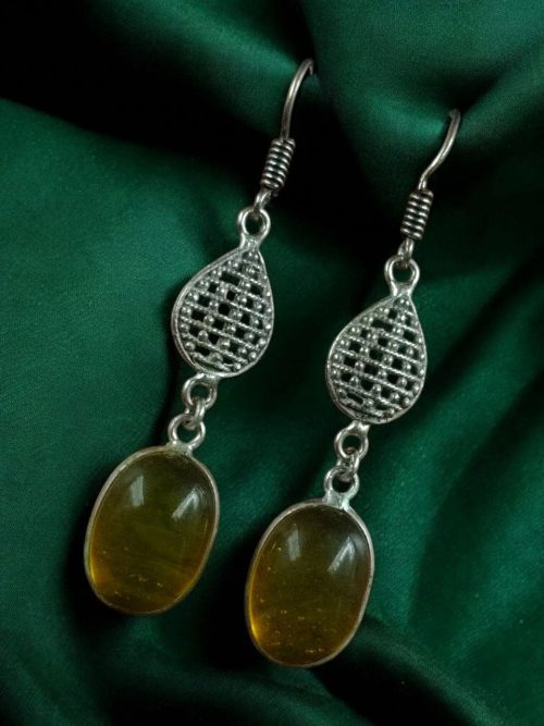 German silver hook hanging earrings with Monalisa stone, perfect for ethnic and casual occasions.