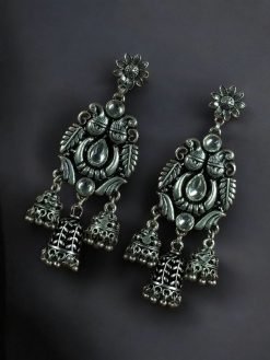 German silver peacock stud earrings with intricate jhumki design, lightweight and perfect for ethnic and festive wear.