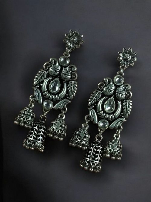 German silver peacock stud earrings with intricate jhumki design, lightweight and perfect for ethnic and festive wear.