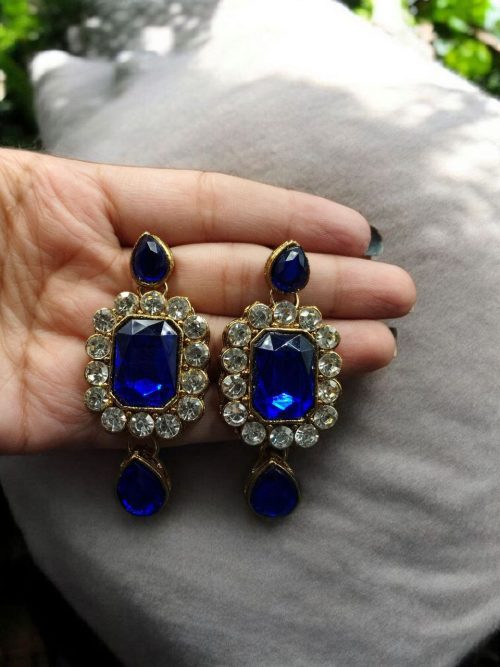 Premium gold-plated earrings with vibrant blue stone, perfect for weddings and festive occasions, elegant and lightweight design.