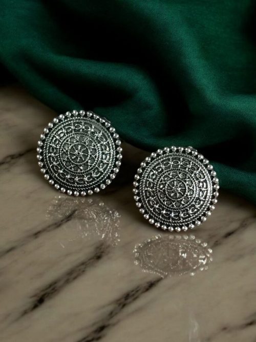 German silver round stud earrings, lightweight and elegant, perfect accessory for ethnic wear and traditional occasions.