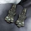 Elegant German silver stud jhumki earrings with intricate floral peacock design.