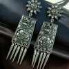 German silver earrings with intricate floral design, lightweight and perfect for ethnic and traditional wear.
