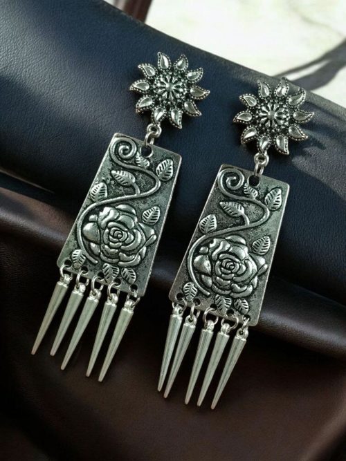 German silver earrings with intricate floral design, lightweight and perfect for ethnic and traditional wear.