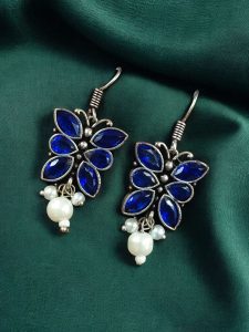 Beautiful Brass Butterfly Hook Earrings with Stones – Best for Daily Use - Color: ''Blue''