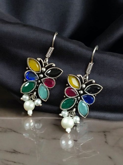 Pair of beautiful brass butterfly hook earrings with sparkling stone accents, ideal for daily wear