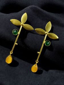 Premium Gold-Plated Brass Earrings: Perfect Contemporary Long Studs with Monalisa Stone - Color: ''Green - Yellow''