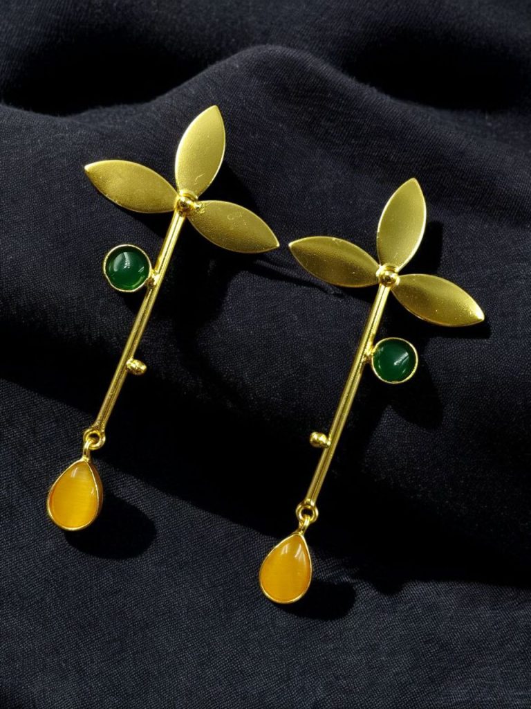 Bulk 534 Premium Gold-Plated Brass Earrings: Perfect Contemporary Long Studs with Monalisa Stone - ''Green - Yellow''