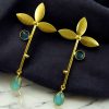 Premium gold-plated brass long stud earrings featuring sparkling Monalisa stones, perfect contemporary design.