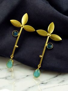 Premium Gold-Plated Brass Earrings: Perfect Contemporary Long Studs with Monalisa Stone - Color: ''Blue - Aqua''
