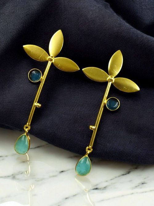 Premium gold-plated brass long stud earrings featuring sparkling Monalisa stones, perfect contemporary design.