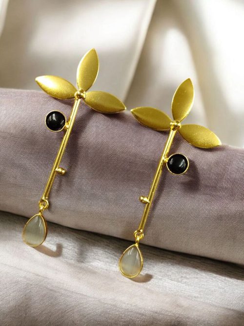 Premium gold-plated brass long stud earrings featuring sparkling Monalisa stones, perfect contemporary design.