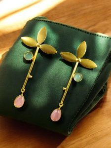 Premium Gold-Plated Brass Earrings: Perfect Contemporary Long Studs with Monalisa Stone - Color: ''Aqua - Baby pink''