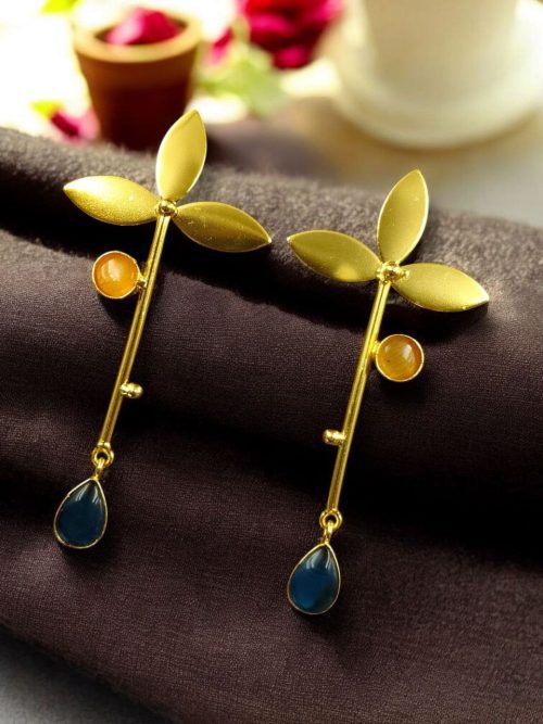 Premium gold-plated brass long stud earrings featuring sparkling Monalisa stones, perfect contemporary design.
