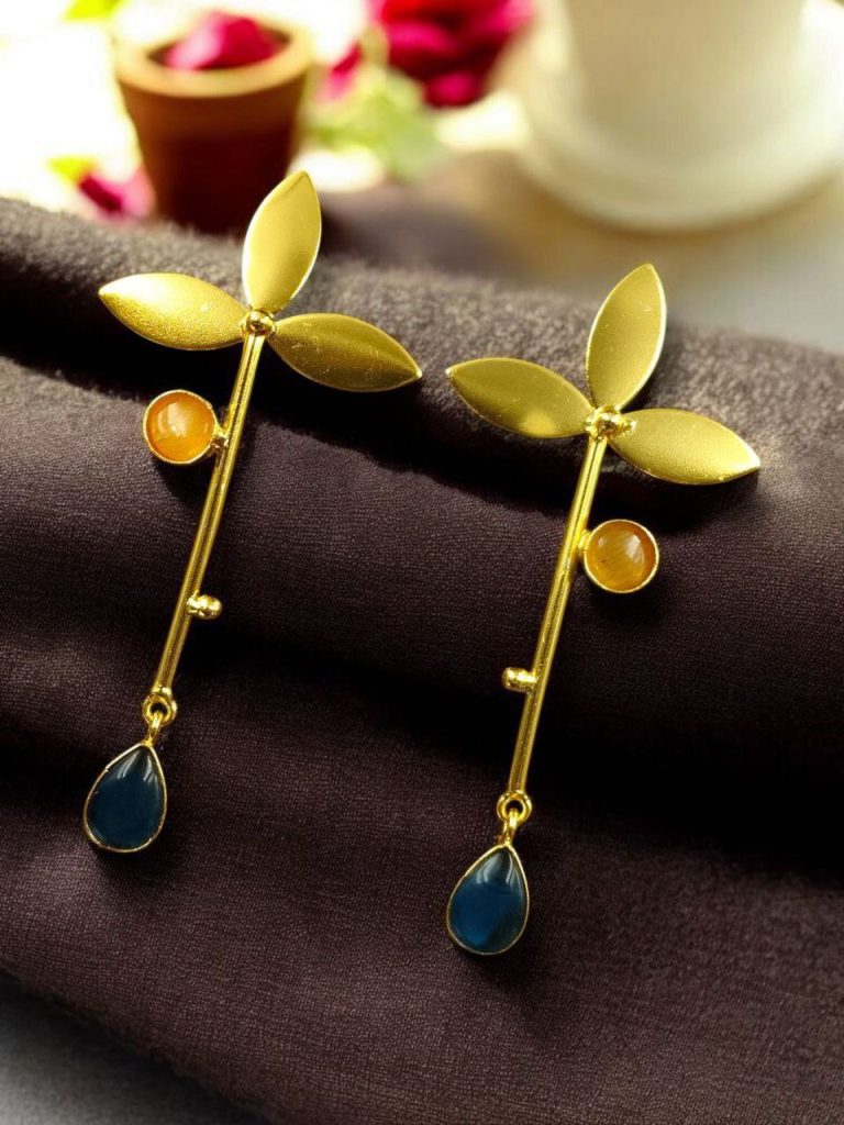 Bulk 548 Premium Gold-Plated Brass Earrings: Perfect Contemporary Long Studs with Monalisa Stone - ''Yellow - Blue''