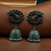 German silver jhumka earrings with bird-shaped studs, perfect for ethnic and traditional wear.