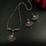 Perfect Silver Plated Brass Long Necklace Set with Earrings and Elegant Stone Work - ''BabyPink''