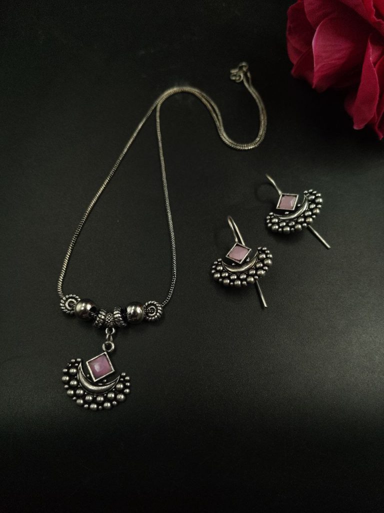 Bulk 494 Perfect Silver Plated Brass Long Necklace Set with Earrings and Elegant Stone Work - ''BabyPink''