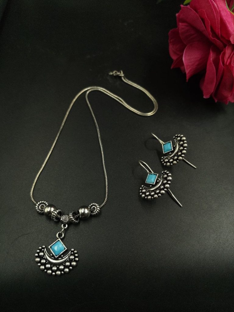 Bulk 490 Perfect Silver Plated Brass Long Necklace Set with Earrings and Elegant Stone Work - ''Aqua''