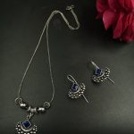 Perfect Silver Plated Brass Long Necklace Set with Earrings and Elegant Stone Work - ''Blue''