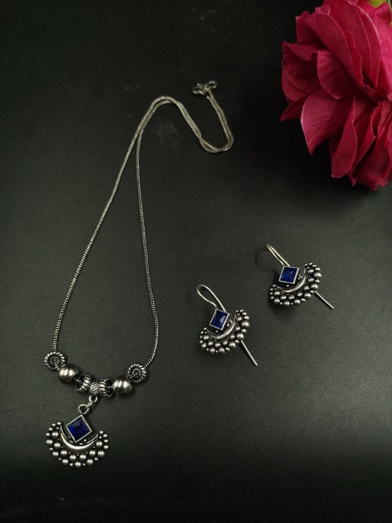 Bulk 492 Perfect Silver Plated Brass Long Necklace Set with Earrings and Elegant Stone Work - ''Blue''