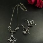 Perfect Silver Plated Brass Long Necklace Set with Earrings and Elegant Stone Work - ''Black''