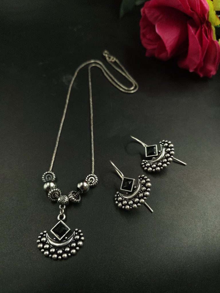Bulk 488 Perfect Silver Plated Brass Long Necklace Set with Earrings and Elegant Stone Work - ''Black''