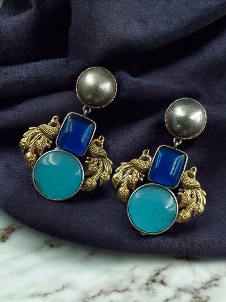 Bulk 404 Elegant Peacock-Inspired Two-Tone Brass Earrings with Monalisa Stone – A Contemporary Choice for Every Occasion - ''Blue-Aqua''