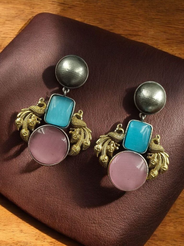 Bulk 414 Elegant Peacock-Inspired Two-Tone Brass Earrings with Monalisa Stone – A Contemporary Choice for Every Occasion - ''Aqua-Babypink''
