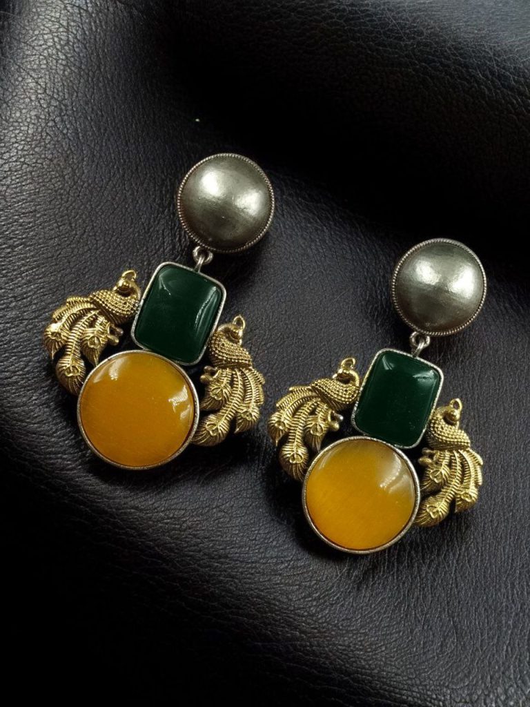 Bulk 408 Elegant Peacock-Inspired Two-Tone Brass Earrings with Monalisa Stone – A Contemporary Choice for Every Occasion - ''Green-Yellow''