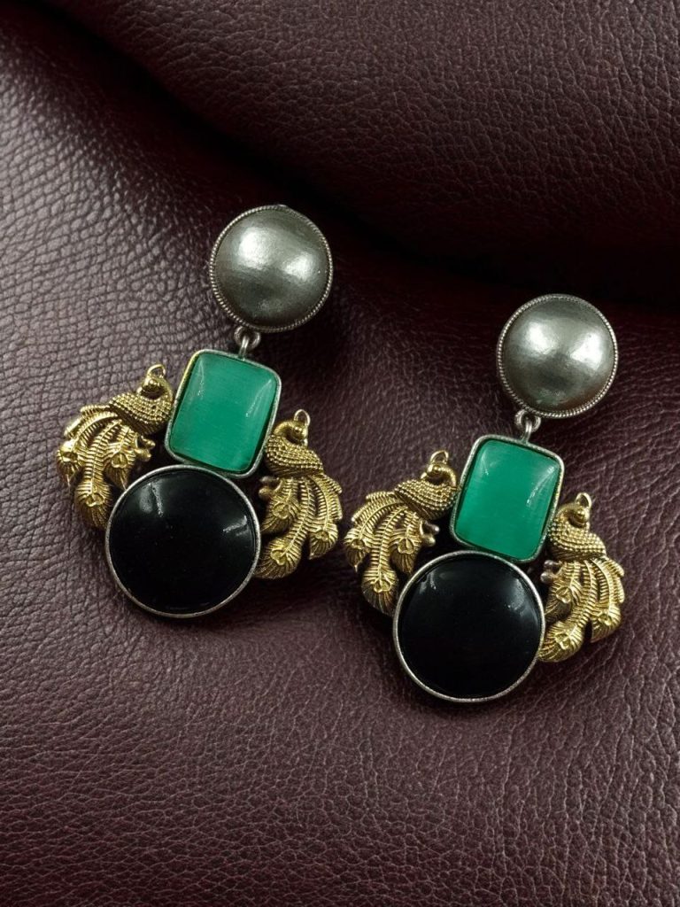 Bulk 416 Elegant Peacock-Inspired Two-Tone Brass Earrings with Monalisa Stone – A Contemporary Choice for Every Occasion - ''Mint-Black''
