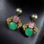 Elegant Peacock-Inspired Two-Tone Brass Earrings with Monalisa Stone – A Contemporary Choice for Every Occasion - ''Babypink-Mint''