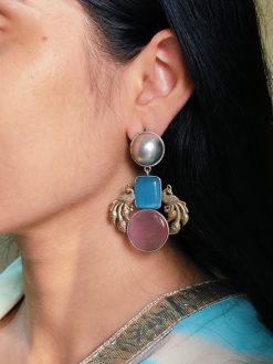 Two-tone brass earrings featuring an elegant peacock design with shimmering Monalisa stone accents, perfect for all occasions.