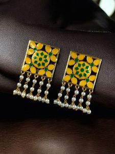 Premium Gold Plated Brass Meenakari Stud Earrings – A Perfect Blend of Ethnic Beauty - Color: ''Yellow-Green''