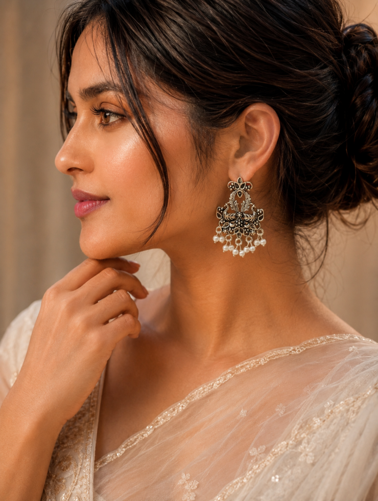 Ethnic German Silver Peacock Stud Earring with Pearl – Perfect for Daily Use Jewelry