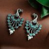 Silver-plated brass peacock stud earrings adorned with sparkling stones, elegant and lightweight