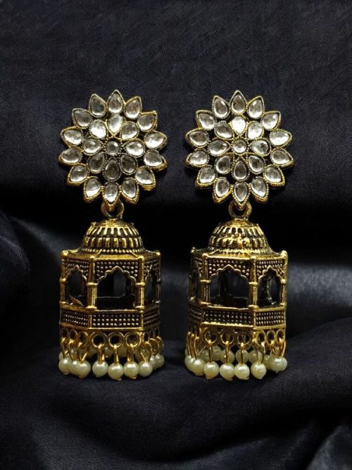 Gold-plated alloy Jhumka Stud Earrings with sparkling stones, featuring a modern ethnic design perfect for festive and traditional wear