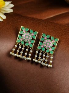 Premium Gold Plated Brass Meenakari Stud Earrings – A Perfect Blend of Ethnic Beauty - Color: ''Mint-Baby pink''