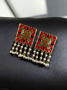 Premium Gold Plated Brass Meenakari Stud Earrings – A Perfect Blend of Ethnic Beauty - Color: ''Red-Green''